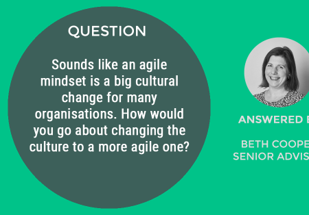 Webinar Question #3: Sounds like an agile mindset is a big cultural change for many organisations. How would you go about changing the culture to a more agile one? Webinar Question #3: Sounds like an agile mindset is a big cultural change for many organisations. How would you go about changing the culture to a more agile one?